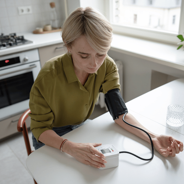 woman taking blood pressure at home during menopause high blood pressure